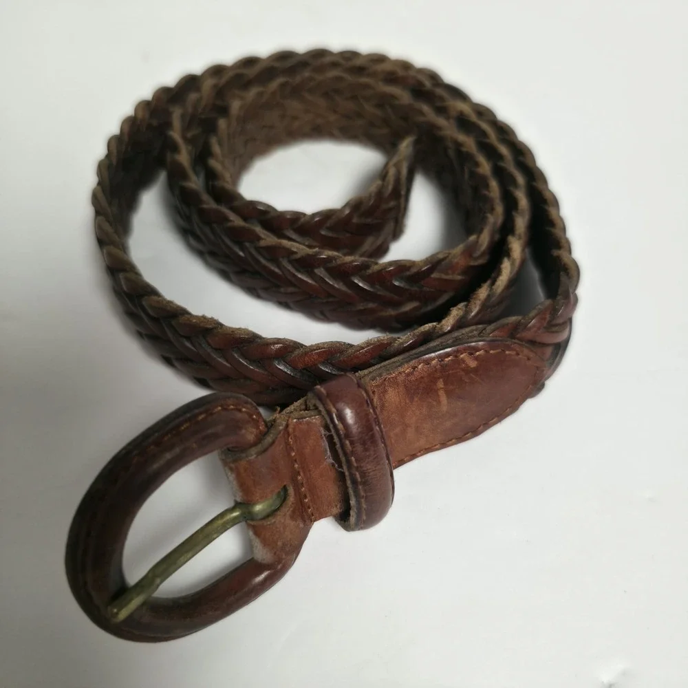 Vintage Woven Braided Brown Leather Belt Size 28 Boho Hippie Leather Buckle 6769